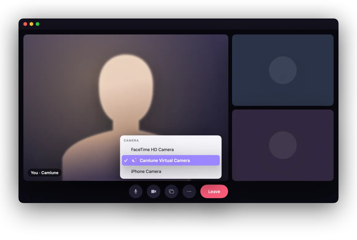 A video call window with the camera menu open and Camlune Virtual Camera selected.