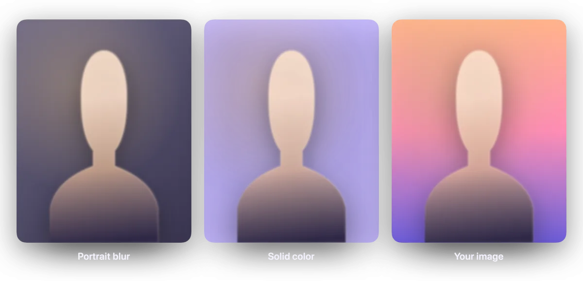 Three versions of the same portrait: portrait blur, a solid lavender backdrop, and a custom gradient image.